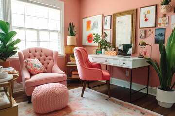A cozy and playful home office with a bright pink chair. generative AI