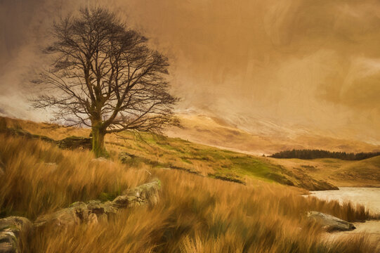 Digital painting of panoramic views of Llyn y Dywarchen, and Snowdon in the Snowdonia National Park, Wales.