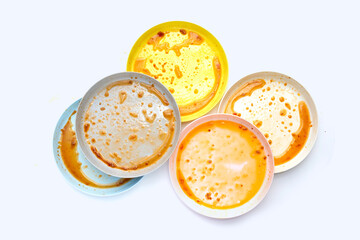 Dirty dishes on white background. Top view