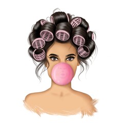 Brunette Girl With Bubble Gum Background Hand Drawn Illustration