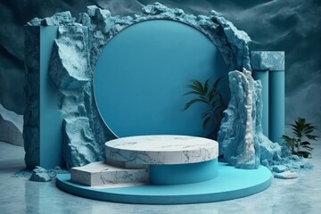 Blue stone tropical podium. 3d background for product display. broken and blank rock stage