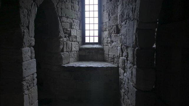 walking through stone corridor in medieval Castle