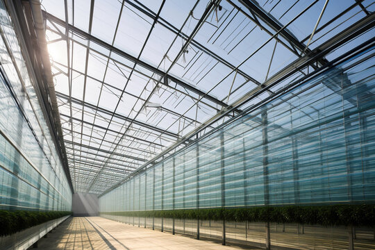 Greenhouse interior with large glass roof. Bottom view of modern greenhouse. Generative AI