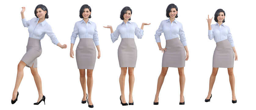 3d render : collection of different   woman body posing with business working suit and high heels, PNG transparent