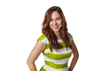 Woman, portrait or fashion clothes on an isolated and transparent png background in trendy, cool or stylish brand. Smile, happy or gen z model and clothing, hands on hips or ginger hair