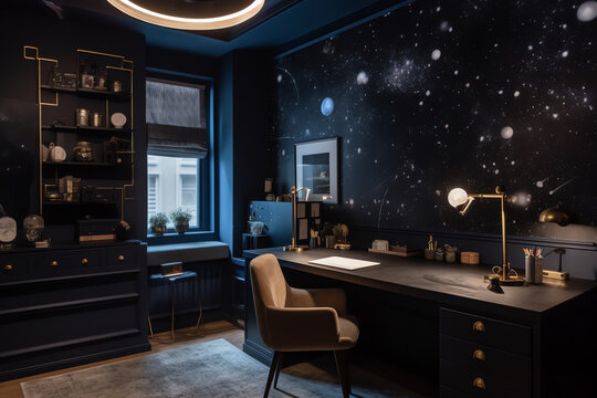 A Home Office With A Playful Outer Space Theme. Generative AI