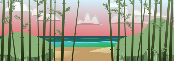 Landscape seashore. Sand beach near water. Coastal waves. Cartoon fun style. Red evening sunset. Flat design. Vector