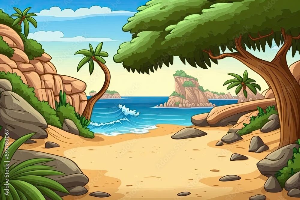 Poster sunny day at a serene beach surrounded by trees and rocks. generative ai
