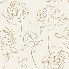 Modern floral seamless pattern with hand-sketched peonies and roses. Elegant botanical vector illustration on soft beige background.  © Ann Owl