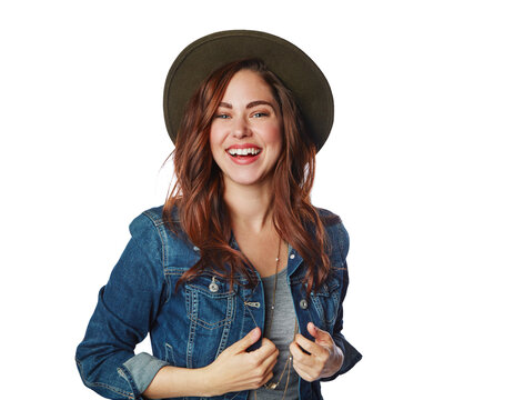Woman, portrait or fashion clothes with denim jacket on an isolated and transparent png background in cool brand. Smile, gen z or model and hat, trendy or clothing
