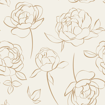 Modern floral seamless pattern with hand-sketched peonies and roses. Elegant botanical vector illustration on soft beige background. 