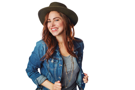 Happy woman, portrait and fashion clothes with hat on an isolated and transparent png background in cool brand. Smile, gen z and model with denim jacket, trendy or clothing