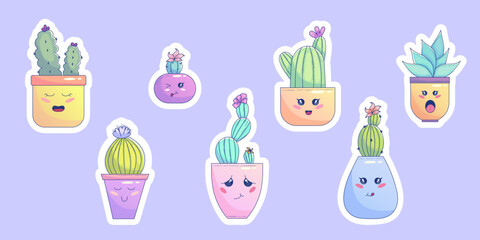 Cute Kawaii Cactus sticker set in pot with face. Cute pastel succulent kawaii smaile. Cactus character in pot. Vector graphic illustration