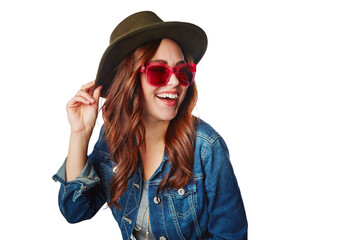 Woman, smile and hat with glasses in fashion with style for summer on an isolated and transparent...