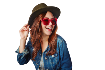 Woman, smile and hat with glasses in fashion with style for summer on an isolated and transparent png background. Happy female smiling in happiness for stylish sunglasses or clothing