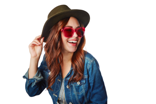 Woman, smile and hat with glasses in fashion with style for summer on an isolated and transparent png background. Happy female smiling in happiness for stylish sunglasses or clothing
