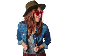 Gen z, fashion and sunglasses girl happy in trendy style with excited smile on an isolated and transparent png background. Happiness, youth and young fashionista model