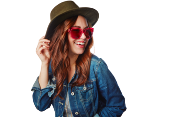 Excited, youth and trendy fashion model with gen z style and funky sunglasses with happy smile on an isolated and transparent png background. Happiness, cool and young fashionista girl with shades