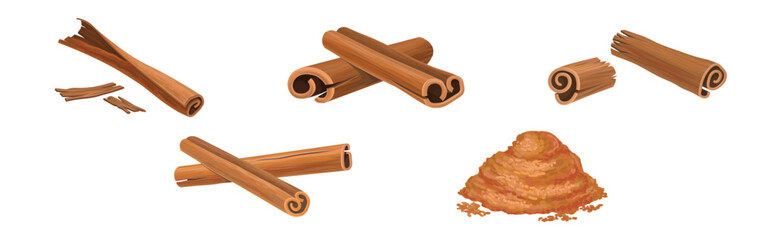 Cinnamon Dried Sticks or Bark Strips Vector Set