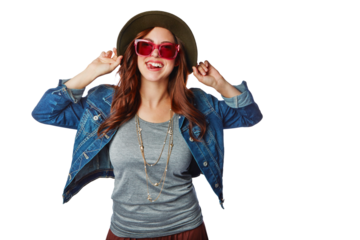Woman, portrait and fashion sunglasses or tongue, hat or denim jacket on an isolated and transparent png background. Smile, happy or gen z model in trendy, cool or hipster brand clothing