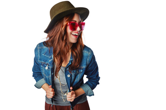 Gen z, fashion and sunglasses girl happy in trendy style with excited smile on an isolated and transparent png background. Happiness, youth and young fashionista model