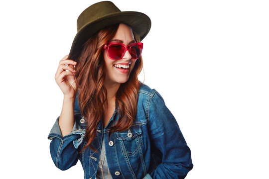 Excited, youth and trendy fashion model with gen z style and funky sunglasses with happy smile on an isolated and transparent png background. Happiness, cool and young fashionista girl with shades