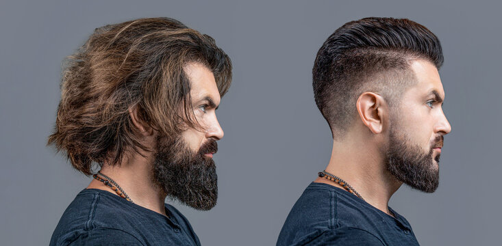 Man before and after visiting barbershop, different haircut, mustache, beard. Long beard Hair style hair stylist. Vs. Male beauty, comparison. Shaving, hairstyling