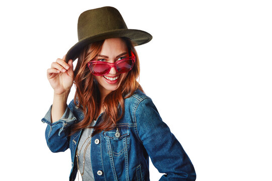 Happy woman, fashion and sunglasses with hat or denim jacket on an isolated and transparent png background. Smile, gen z and model with funny, comic or face expression for cool brand clothes