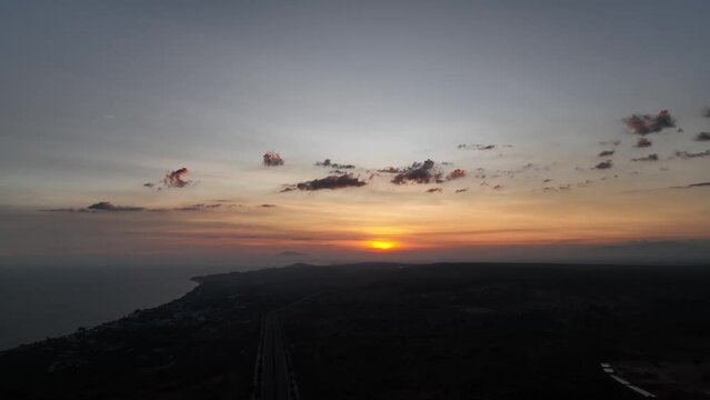 Video shooting from the copter of the road at sunset