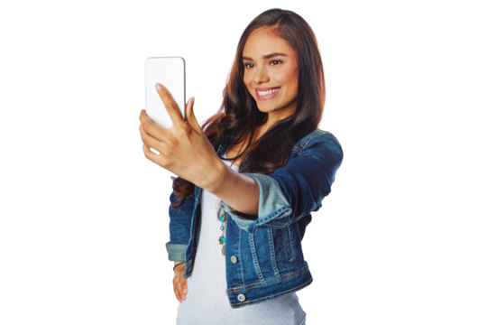 Woman, fashion or selfie on an isolated and transparent png background for social media, profile picture or video call. Smile, happy model or influencer on photography for blogging or vlogging