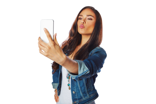 Woman, fashion or kiss for selfie on an isolated and transparent png background for social media, profile picture or video call. Model, influencer or photography for gen z blogging
