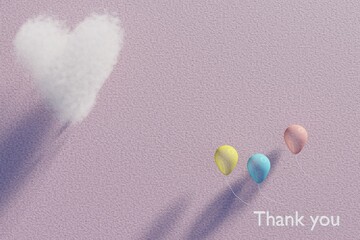 ピンクの和紙風な背景にハート型の雲と三色の風船が浮かぶメッセージカードの素材画像