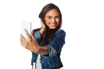 Model, fashion and selfie on an isolated and transparent png background for social media, profile picture or video call. Smile, happy woman or influencer on photography in blogging