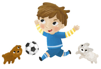 cartoon scene with kid playing running sport ball soccer football - illustration for children