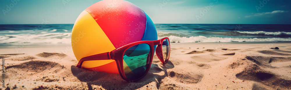 Wall mural empty sandy beach with only a beach ball and sunglasses - banner format - generative ai