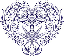 Vintage elegant cannabis leaf heart swirl floral ornament monochrome vector illustrations for your work logo, merchandise t-shirt, stickers and label designs, poster, greeting cards advertising 