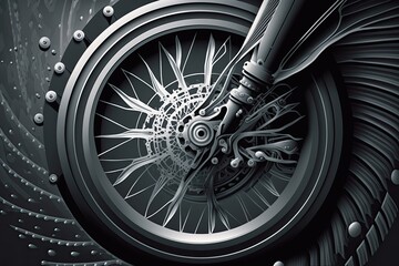 monochrome image featuring the tire and wheel of a motorcycle. Generative AI