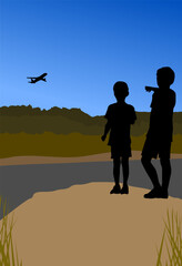 Fototapeta na wymiar Boys looking at airplane outdoor silhouette