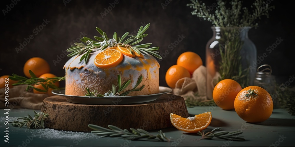 Poster a copy space with a cake decorated with tangerines and rosemary on a light table generative ai