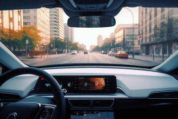 Driving autonomous car in the city with view from the inside. Generative AI - obrazy, fototapety, plakaty