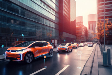 Fototapeta na wymiar Self-driving cars in city traffic. Futuristic concept of autonomous transportation. Generative AI
