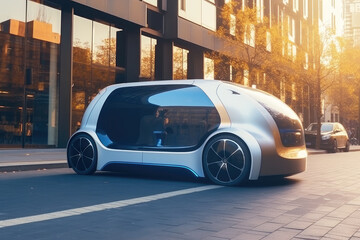 Futuristic self-driving car on city roads. Generative AI