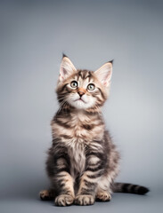 Cute cat, a Maine Coon kitten posing in a studio on gray background. Generative AI