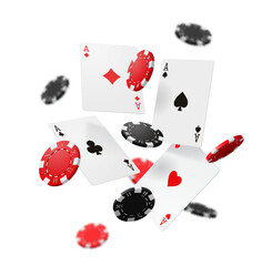 Flying casino gambling poker cards and chips. Vector 3d playing cards, realistic aces of black spades and clubs, red hearts and diamonds with plastic gaming chips, gambling and casino themes