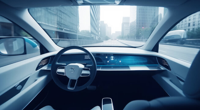 Inside the autonomous car driving through the city. Futuristic technology. Generative AI