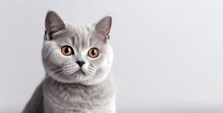 Cute British Shorthair cat kitten portrait on gray background in studio. Generative AI