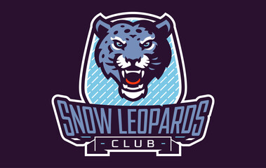 Sports logo with snow leopard mascot. Colorful sport emblem with snow leopard mascot and bold font on shield background. Logo for esport team, athletic club, college team. Vector illustration