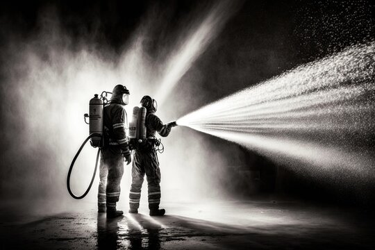 two firefighters using water hoses to extinguish a building fire. Generative AI