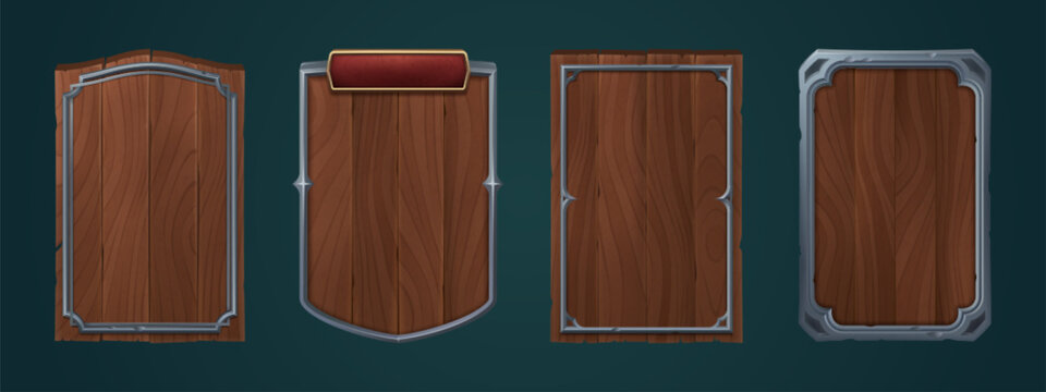Cartoon set of medieval wooden signboards ornated with iron frame isolated on background. Vector illustration of blank rustic banner with natural oak texture. Old pub menu, game avatar border design