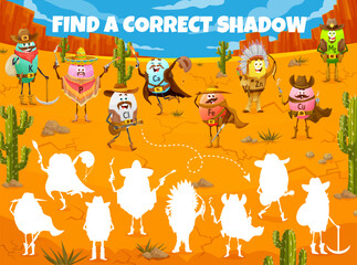 Find Correct Shadow of Wild West cartoon cowboy, sheriff, bandit and robber vitamin characters. Vector kids game worksheet with K, P, Cl, Ca, Fe, Zn, Cu, Mg food supplement capsules personages